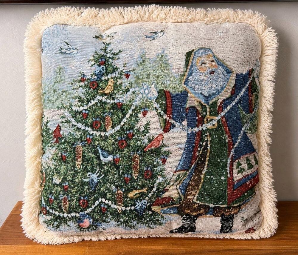 Vintage Folk Art Santa Tapestry Pillow | Christmas Tree, Birds, Garland